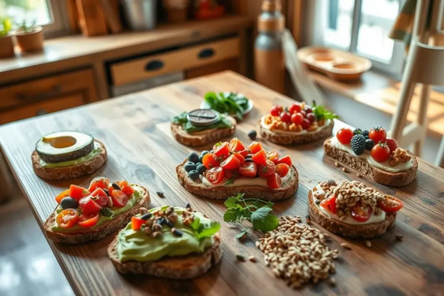 Diversas opções de torradas saudáveis em uma mesa de cozinha