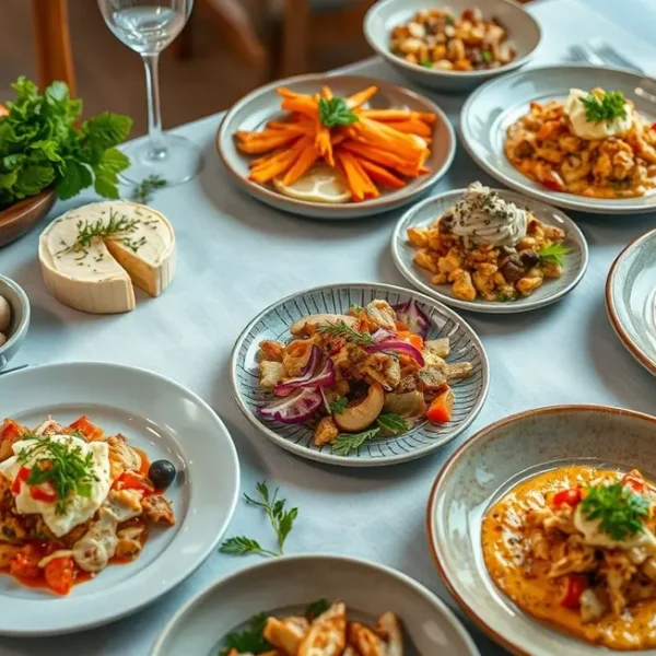 Mesa de refeições saudáveis com destaque para pratos com requeijão de caju.