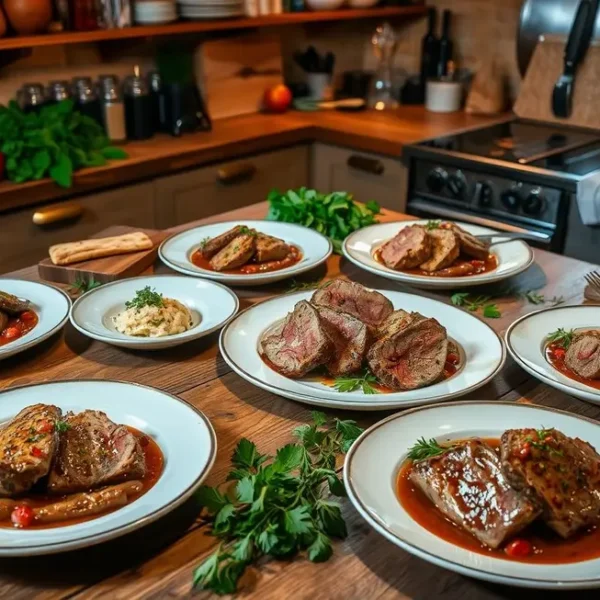 Cozinha com pratos de filé mignon e ingredientes frescos.