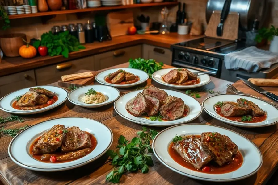 Cozinha com pratos de filé mignon e ingredientes frescos.