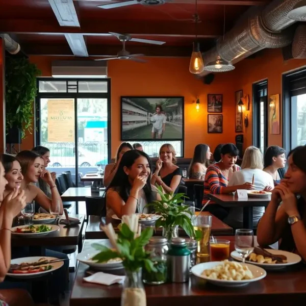 Mulheres em um restaurante acolhedor em São Paulo, compartilhando momentos felizes.