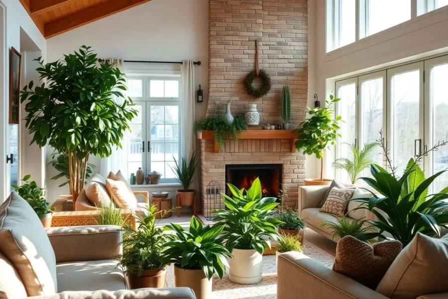 Um ambiente de casa aconchegante com plantas de inverno.