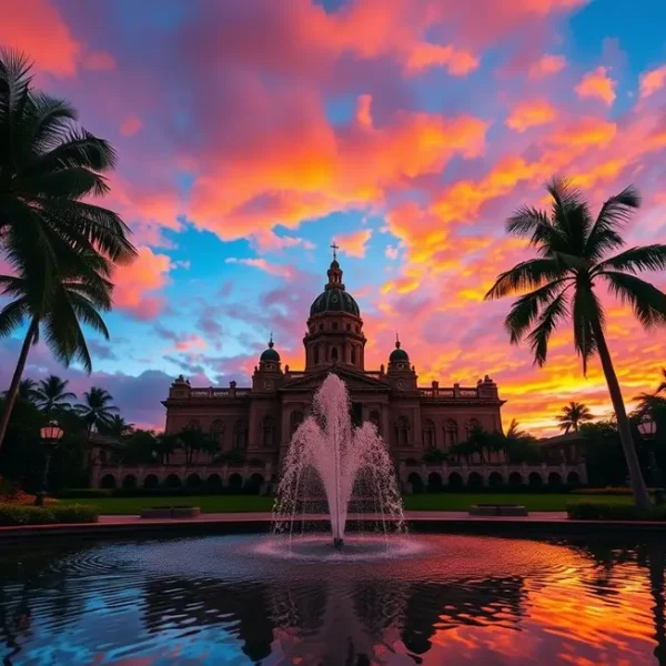 Vista do Iolani Palace ao pôr do sol, destacando sua importância histórica.