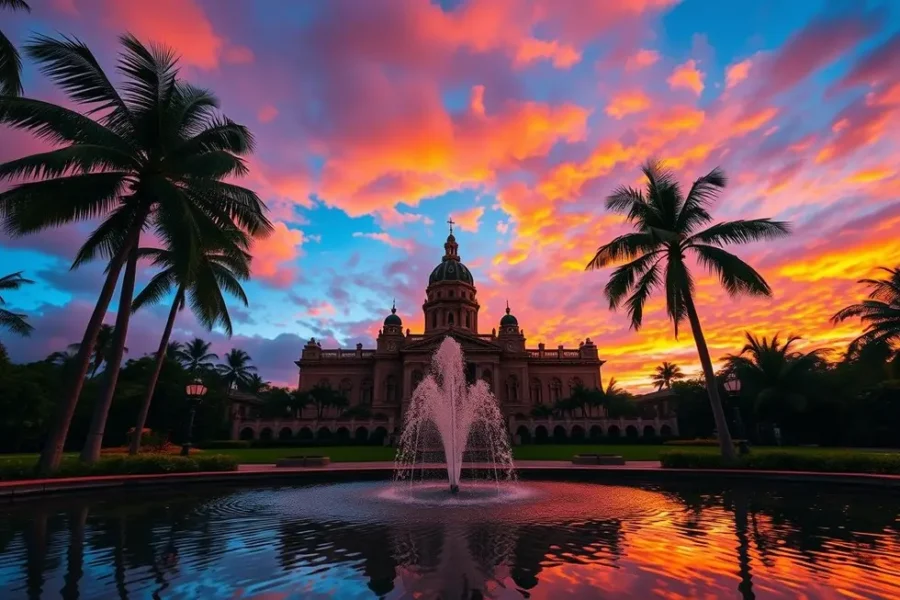 Vista do Iolani Palace ao pôr do sol, destacando sua importância histórica.