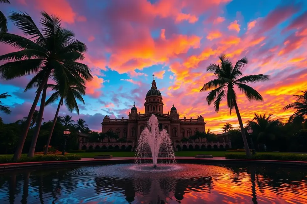 Iolani Palace: 7 Razões para se Encantar com a Joia Histórica do Havaí 8 Vista do Iolani Palace ao pôr do sol, destacando sua importância histórica.