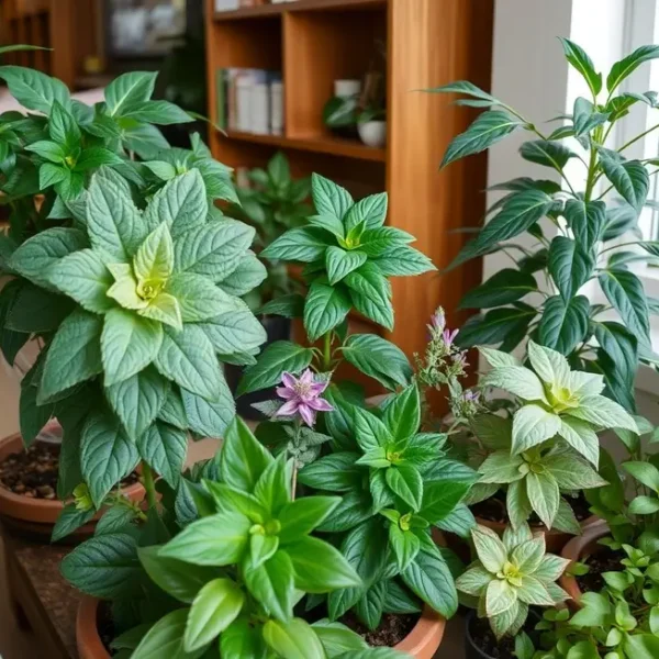 Espaço de jardim interno com diferentes plantas.