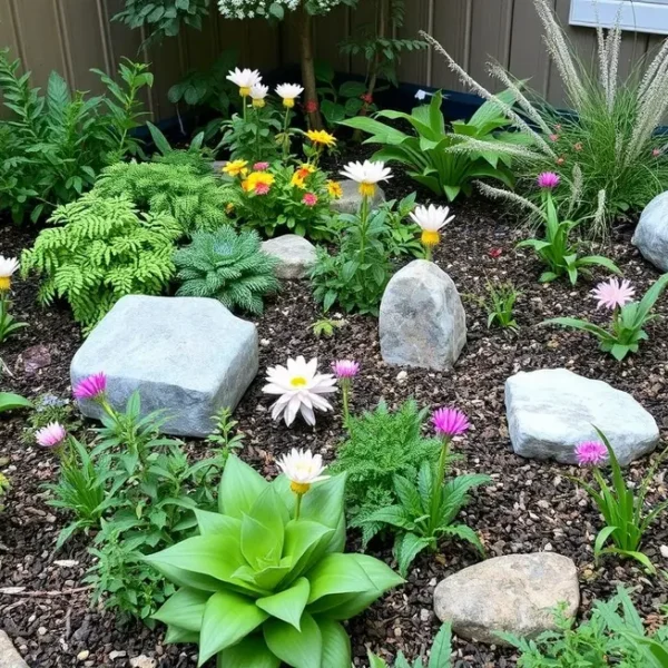 Um jardim sensorial tranquilo, repleto de plantas e elementos que favorecem a conexão com a natureza.