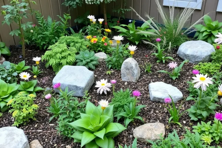 Um jardim sensorial tranquilo, repleto de plantas e elementos que favorecem a conexão com a natureza.