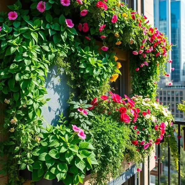 Jardim vertical vibrante em uma varanda urbana.