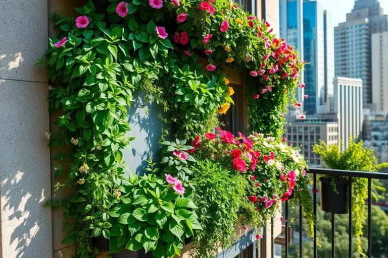 Jardim vertical vibrante em uma varanda urbana.