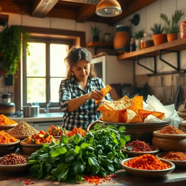 Uma mulher preparando chips de pão árabe na cozinha com especiarias e ingredientes frescos.