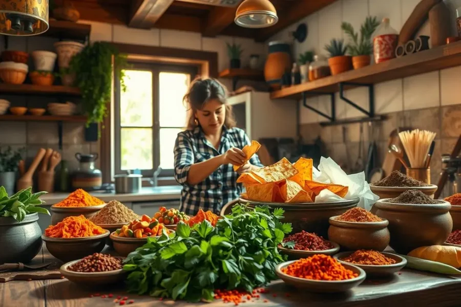 Uma mulher preparando chips de pão árabe na cozinha com especiarias e ingredientes frescos.
