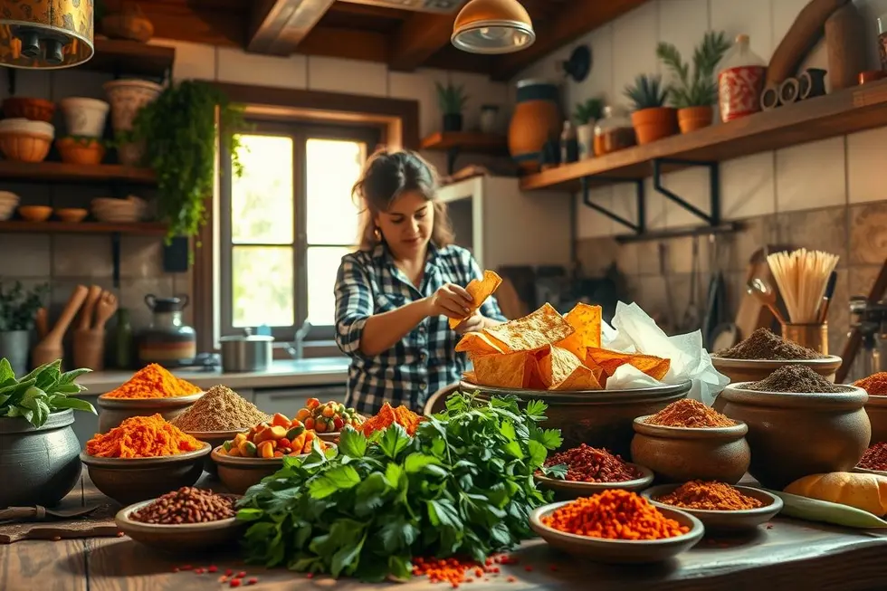 Chips de Pão Árabe: 7 Receitas Práticas e Saudáveis Para Seu Dia a Dia 8 Uma mulher preparando chips de pão árabe na cozinha com especiarias e ingredientes frescos.