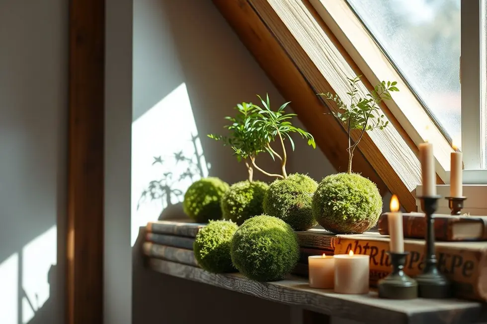 Kokedama: 7 Passos Para Criar seu Jardim Suspenso e Aconchegante 8 Kokedamas organizadas em uma prateleira iluminada.