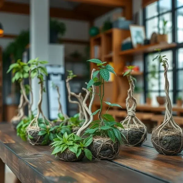 Decoração com kokedama em um ambiente aconchegante.