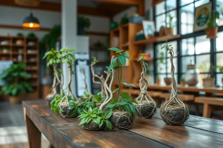 Decoração com kokedama em um ambiente aconchegante.