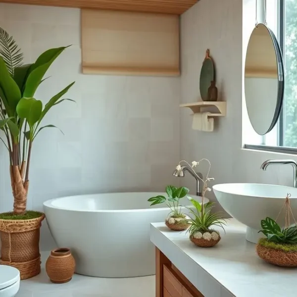 Banheiro decorado com kokedama.