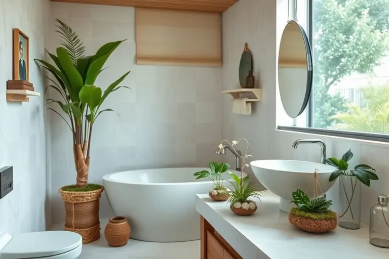 Banheiro decorado com kokedama.