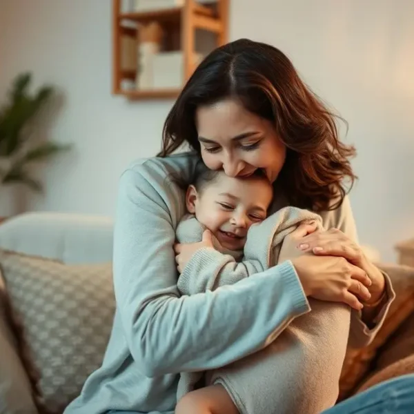Mãe abraçando seu filho em um ambiente acolhedor.