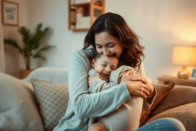 Mãe abraçando seu filho em um ambiente acolhedor.