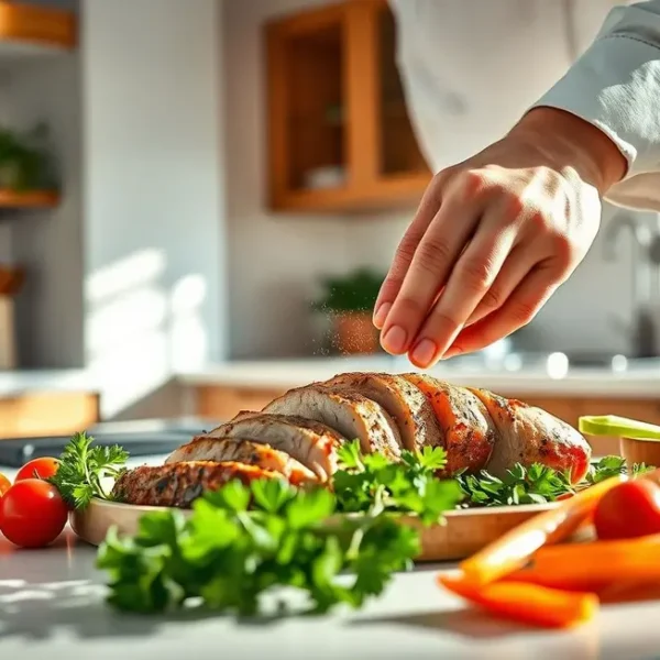 Chef preparando filé mignon suíno fresco com ingredientes.