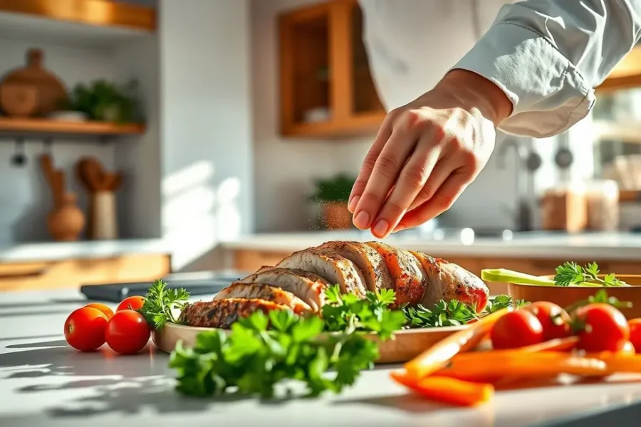 Chef preparando filé mignon suíno fresco com ingredientes.