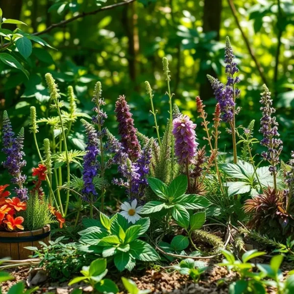 Diversas plantas medicinais organizadas em um ambiente natural.