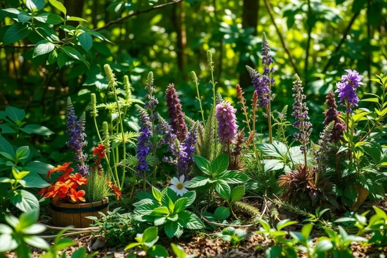 Diversas plantas medicinais organizadas em um ambiente natural.