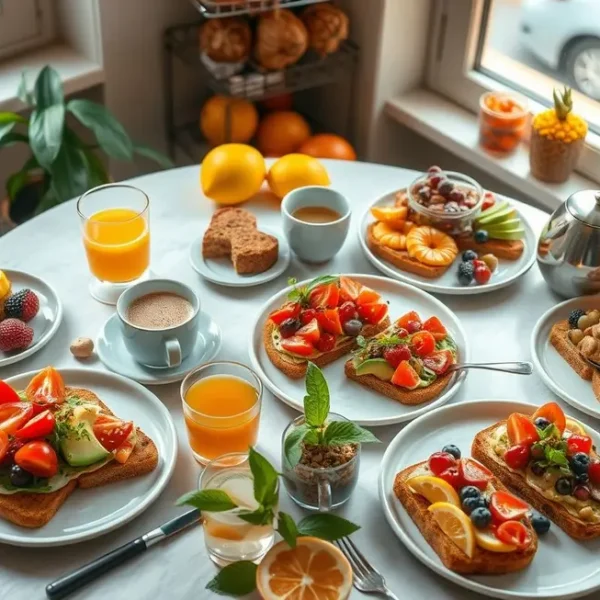 Mesa de café da manhã com torradas veganas e frutas frescas.