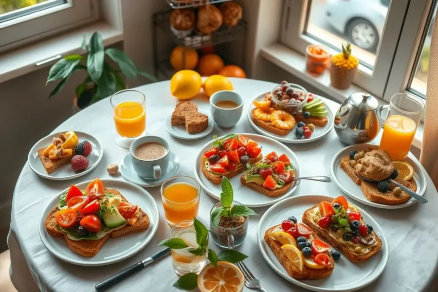 Mesa de café da manhã com torradas veganas e frutas frescas.
