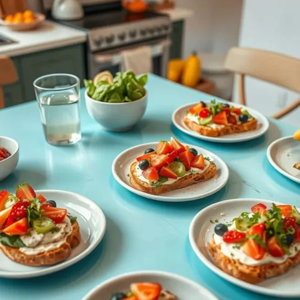 Mesa cheia de torradas saudáveis, ingredientes frescos e ambiente acolhedor.