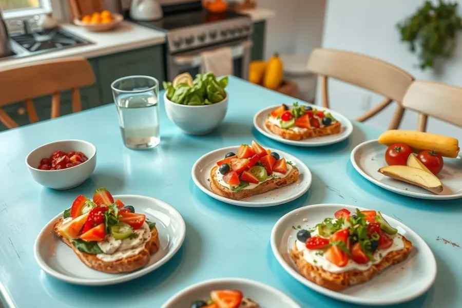 Mesa cheia de torradas saudáveis, ingredientes frescos e ambiente acolhedor.