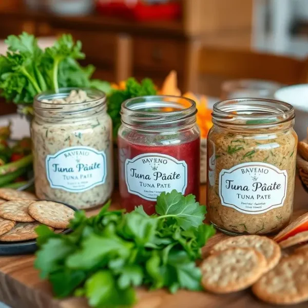 Uma mesa decorada com potes de patê de atum caseiro e vegetais frescos.