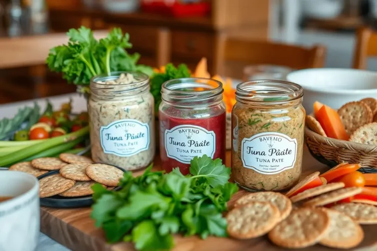 Uma mesa decorada com potes de patê de atum caseiro e vegetais frescos.