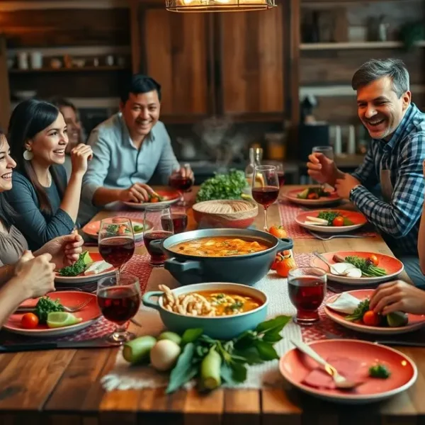 Mesa de jantar com prato de mojica, com pessoas felizes ao redor.
