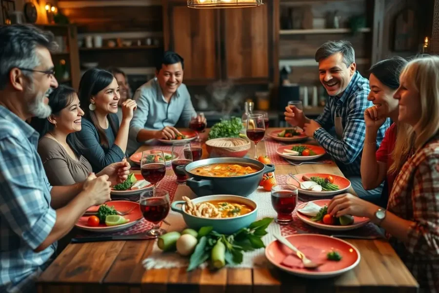 Mesa de jantar com prato de mojica, com pessoas felizes ao redor.