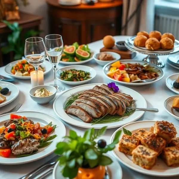 Mesa de jantar convidativa com diversas opções de pratos e sobremesas.
