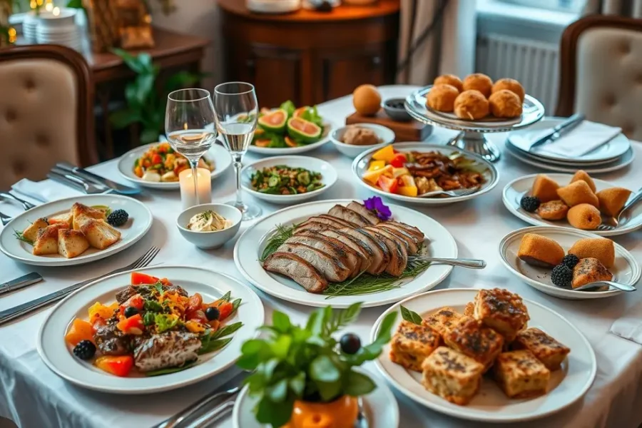 Mesa de jantar convidativa com diversas opções de pratos e sobremesas.