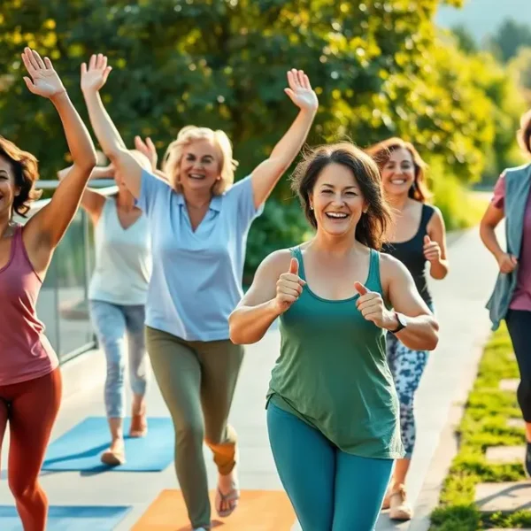 Grupo de mulheres praticando atividades saudáveis para o coração.
