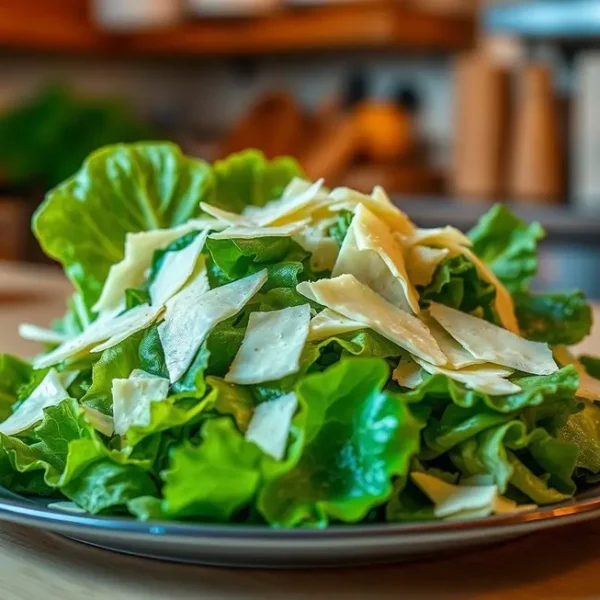 Salada Caesar com alface, parmesão e molho.
