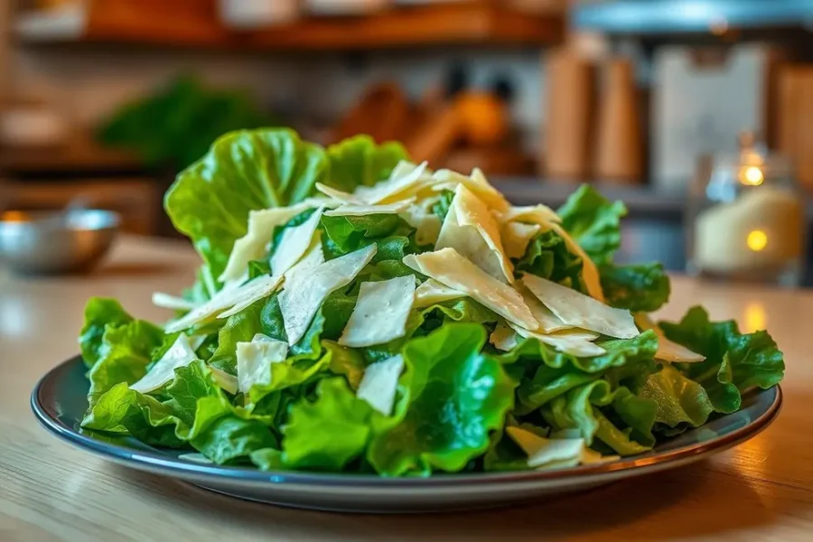 Salada Caesar com alface, parmesão e molho.