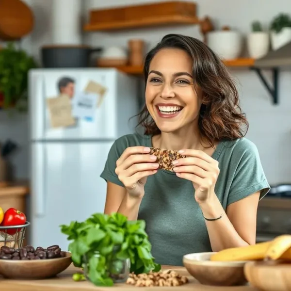 Uma mulher sorridente degustando uma barrita saudável, em um ambiente de cozinha acolhedor.
