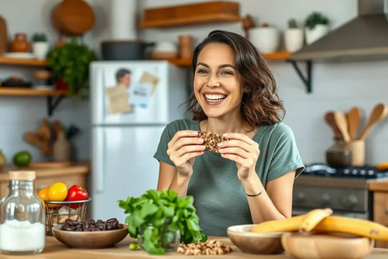 Uma mulher sorridente degustando uma barrita saudável, em um ambiente de cozinha acolhedor.