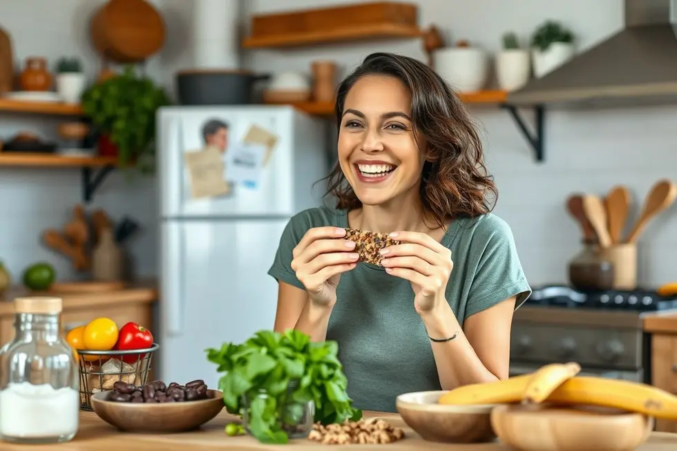 7 Barritas Nutritivas para Uma Alimentação Equilibrada e Prática 8 Uma mulher sorridente degustando uma barrita saudável, em um ambiente de cozinha acolhedor.