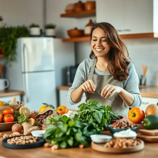 Uma mulher feliz preparando comidas com alternativas ao lactose.