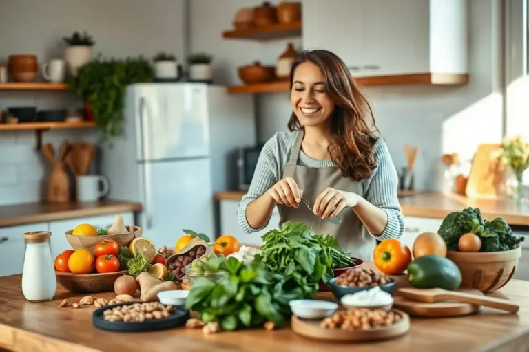 Uma mulher feliz preparando comidas com alternativas ao lactose.