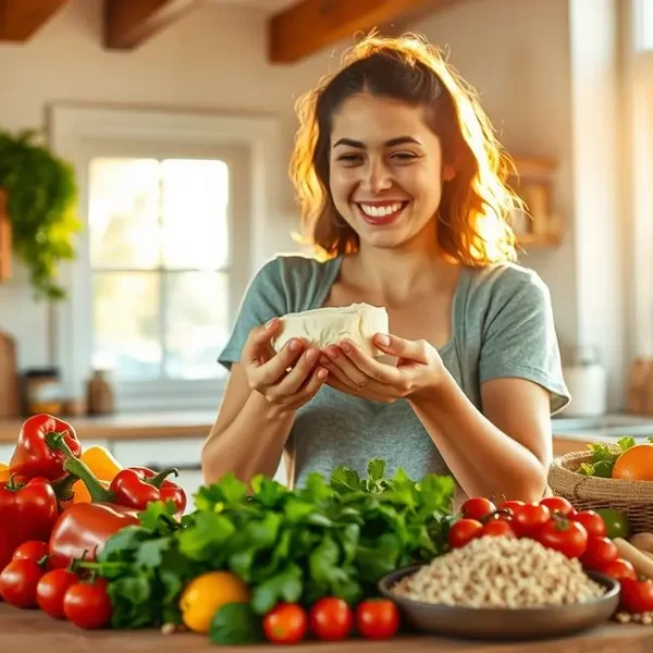 Mulher sorrindo enquanto prepara receitas saudáveis em uma cozinha iluminada.