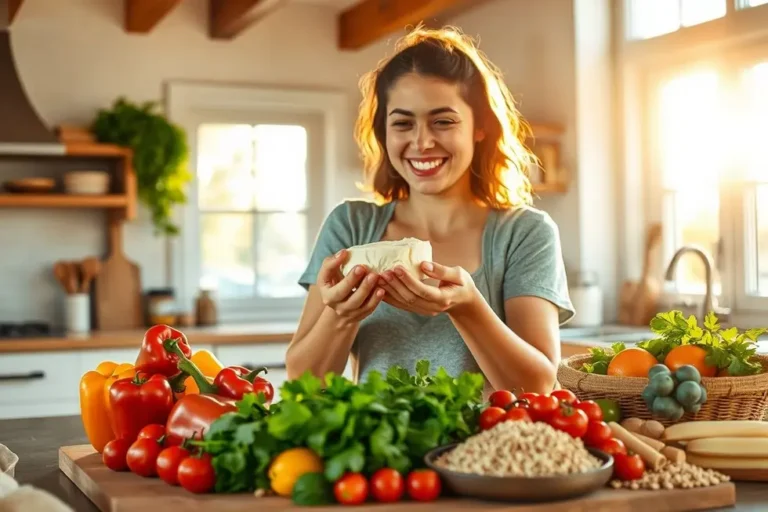 Mulher sorrindo enquanto prepara receitas saudáveis em uma cozinha iluminada.