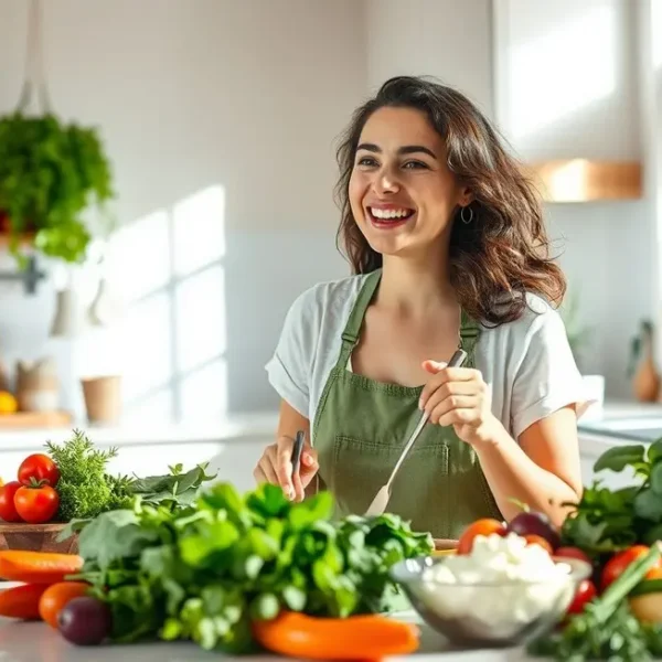Mulher se divertindo na cozinha preparando uma refeição saudável com requeijão de caju