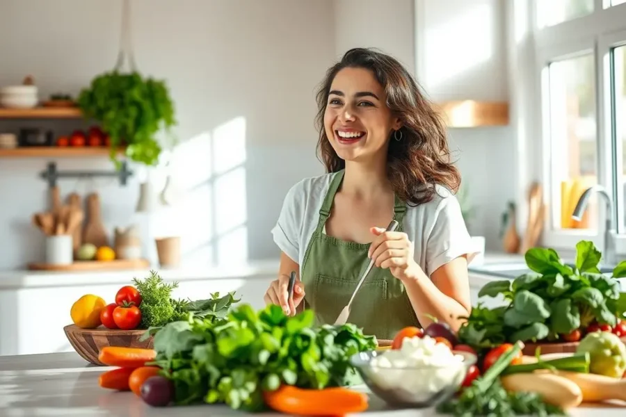 Mulher se divertindo na cozinha preparando uma refeição saudável com requeijão de caju